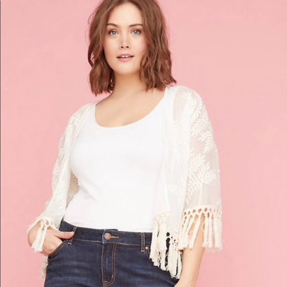 Lane Bryant Tops - Embroidered Sheer Kimono with Fringe